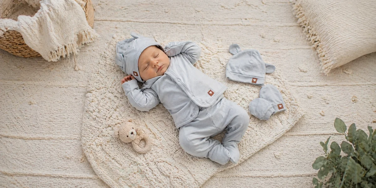 základní výbavička oblečení pro novorozence na posteli